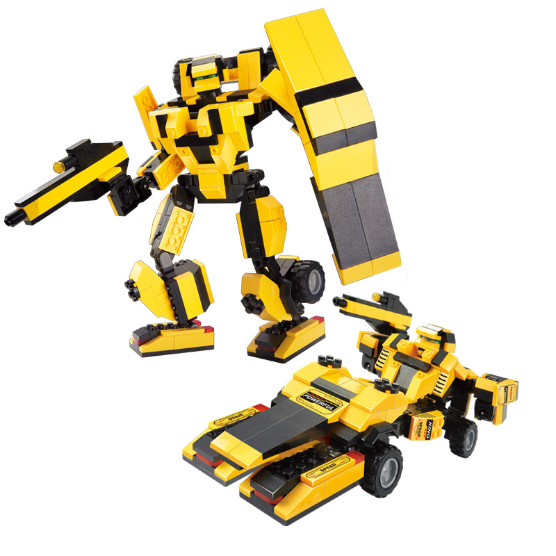 小鲁班 积木拼插玩具 变形机甲 黄色跑车变形人拼插模型积木