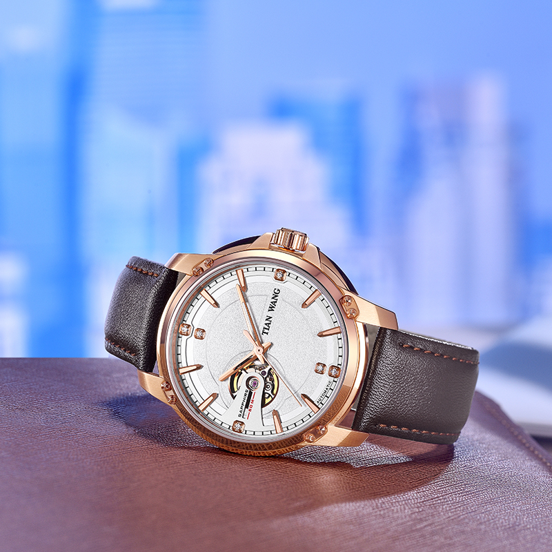 天王表（TIAN WANG）手表2019新品真皮表带男士手表镂空机械皮带手表 白面玫瑰金圈棕色皮带