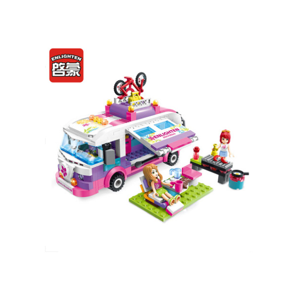 启蒙积木玩具女孩系列踏青旅行车2004拼装益智玩具粉色6-12岁