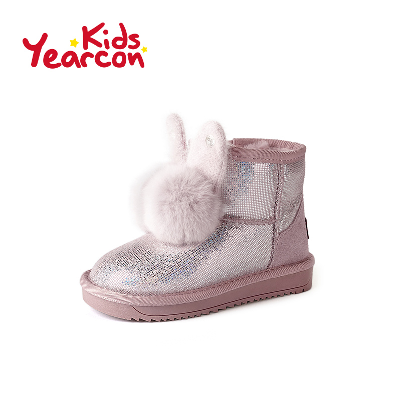 女童雪地靴意尔康2019冬新款棉靴加绒保暖卡通兔耳朵亮片儿童短靴