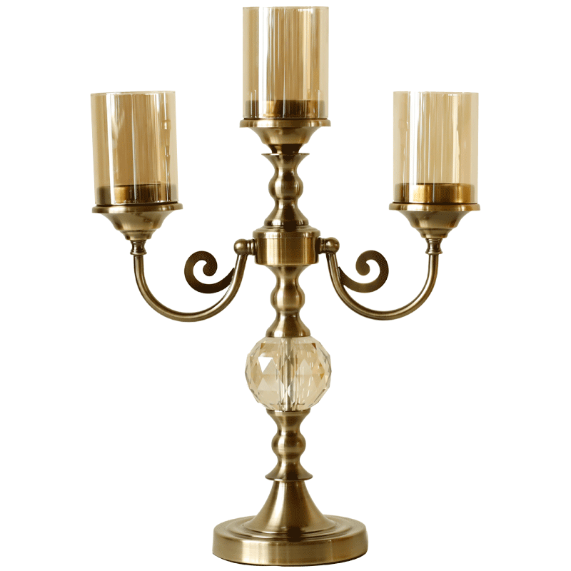 美式古典金属玻璃三头烛台欧式样板房复古客厅餐桌玄关装饰摆件