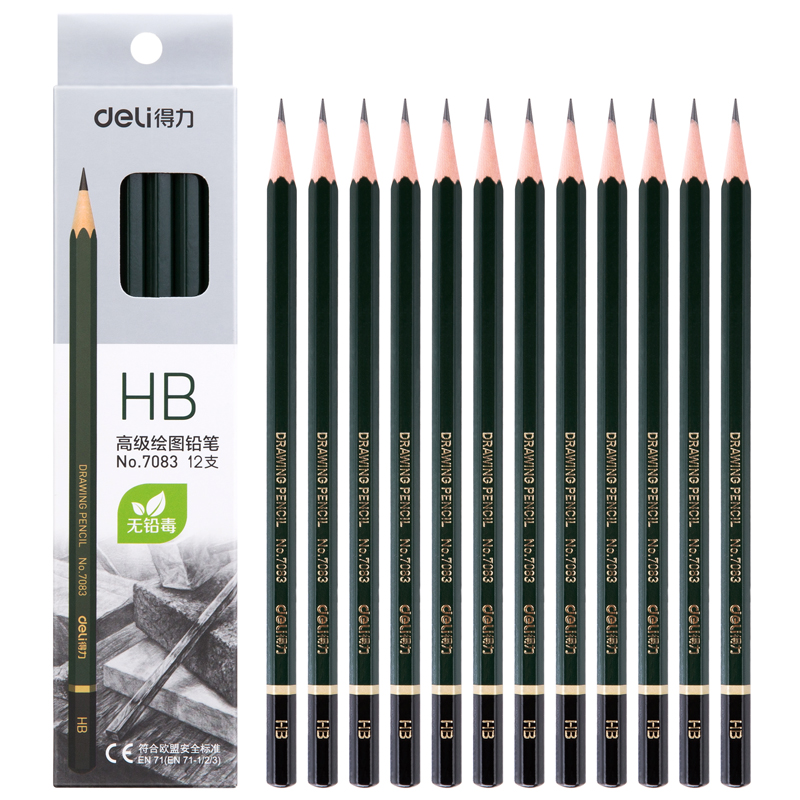得力(deli)7083安全石墨铅芯素描绘图HB铅笔学生铅笔 12支/盒7083