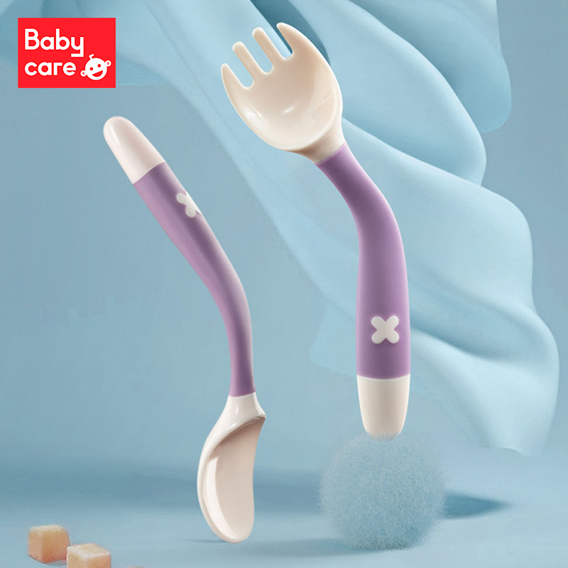 babycare宝宝学吃饭训练勺子弯头叉勺套装婴儿辅食勺弯曲儿童餐具